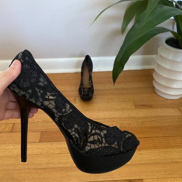 MixNo6 Black Peep Toe Heels - Picture 1 of 4